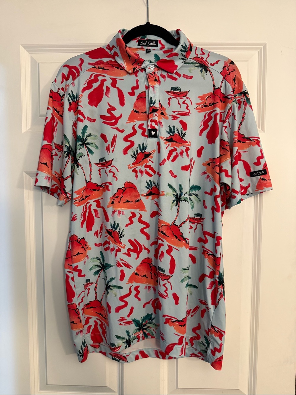 Bad Birdie Light Blue Polo with Red and Green Tropical Print